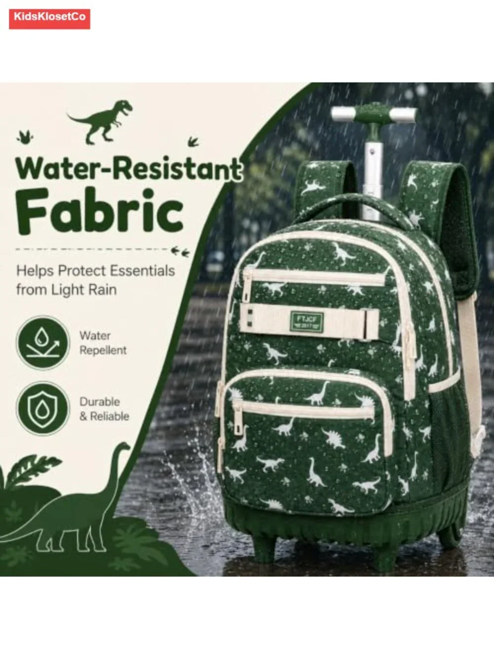 Dinosaur Rolling Backpack for Boys Wheeled Bookbag Water Resistant Polyester 3